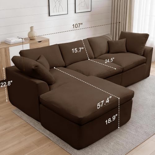 Korser 110" Cloud Sectional Couches for Living Room, Modern Modular Sectional Sofa with Ottoman, Boneless Cloud Couch with Comfy Deep Seats, Fluffy Chenille L-Shape Sofa Couch for Living Room, Brown - Image 2