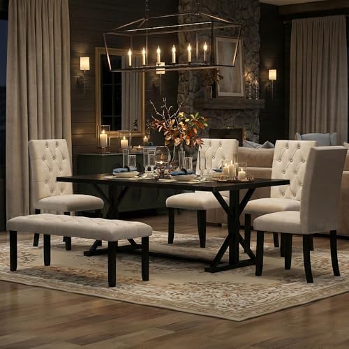 Mirightone 6-Piece Farmhouse Dining Table Set for 6 Rectangular Table Set with 4 Upholstered Chairs and Bench, Solid Wood Dining Table Set for Kitchen, Dining Room (Espresso) by Mirightone
