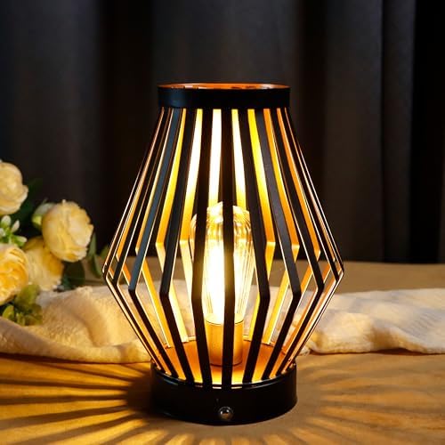 JHY DESIGN Dimmable Touch Bedside Table Lamp 8.5''H Rechargeable Metal Cage Lantern with LED Edison Style Bulb Cordless Accent Lamp for Weddings Parties Patio Events for Indoors Outdoors by JHYDESIGN