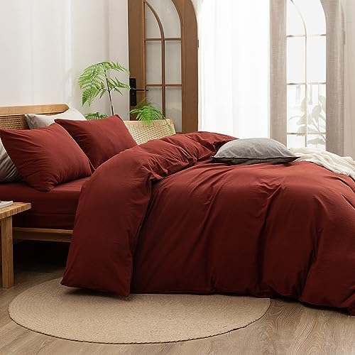 BESTOUCH Cotton Solid Duvet Cover Set Linen Feel Fired Brick Red King - Image 3