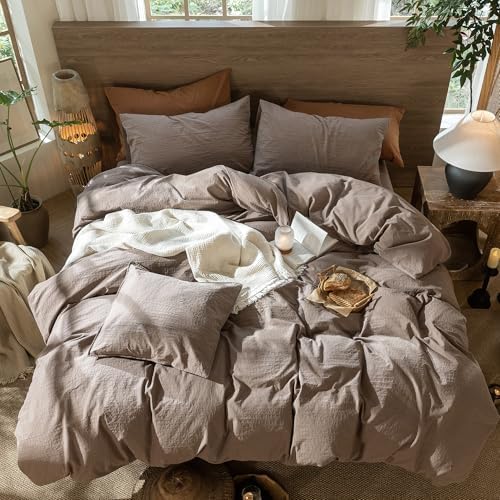 MooMee Wavy Striped Duvet Cover Set 100% Washed Cotton Linen Like Textured Breathable Durable Soft Comfy (Brown, Twin 68"x90") - Image 4
