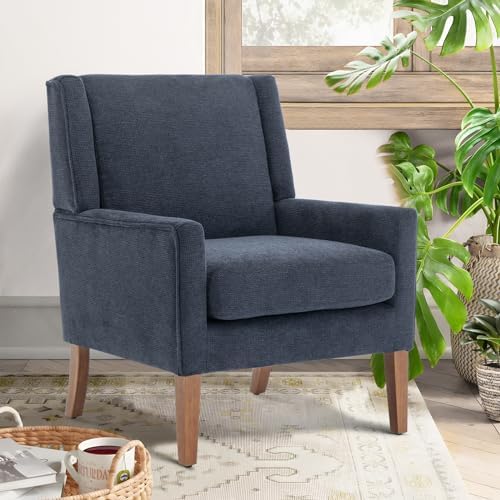 COLAMY Modern Wingback Living Room Chair, Upholstered Fabric Accent Armchair, Single Sofa Chair with Lounge Seat and Wood Legs for Bedroom/Office/Reading Spaces, Blue by COLAMYHOME