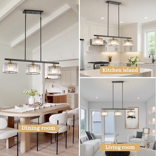 TALOYA Pendant Lights Kitchen Island Black and Gold, 3-Light Crystal Pendant Light Modern, Height Adjustable Chandelier Hanging Island Light Fixtures for Kitchen Dinning Room(Bulb Not Included) - Image 7