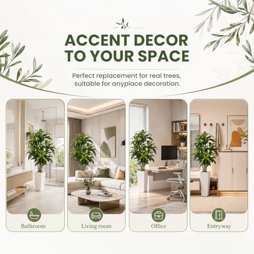 Artificial Dracaena Tree 5FT, Stable Multi-Trunk Fake Tree Indoor with White Tall Planter,Faux Silk Plant for Living Room Office Decor, UV Resistant Realistic Leaves - Image 6