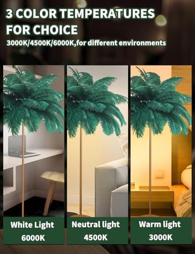 Feather Floor Lamp,Fluffy Ostrich Feather Floor Lamp for Bedroom,3 Color Temperatures Led Corner Modern Floor Lamps for Living Room Christmas Home Decor House Warming Gifts,63″ Height (Dark Green) - Image 3