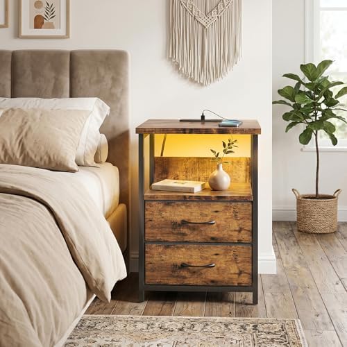 Fixwal Night Stand with Charging Station, Led Nightstand, 2 Fabric Drawers - Image 6