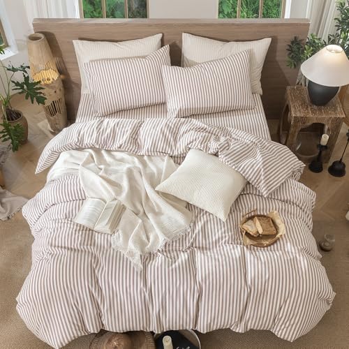 MooMee Striped Duvet Cover Set 100% Washed Cotton Linen Like Queen - Image 5