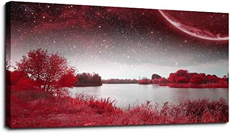 wall art for living room Red Lakes and trees under the starry sky red landscape painting office Wall Art Decor 20" x 40" single Pieces Canvas Prints Ready to Hang for Home Decoration Works For bedroom by MHARTK66
