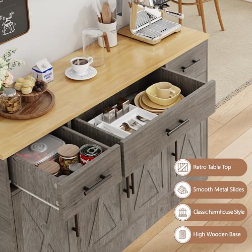 Shintenchi Buffet Cabinet with Storage,53.4" Large Kitchen Storage Cabinet with 3 Drawers and 4 Doors,Wood Farmhouse Buffet Sideboard with Adjustable Shelf for Kitchen Living Room, Gray - Image 4