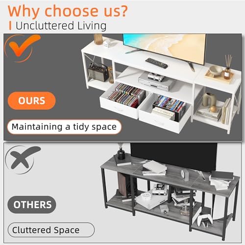 GYIIYUO TV Stand with Fabric Drawers for 55 60 65 Inches TV - Entertainment Center and Industrial TV Console Table with Open Storage Shelves for Living Room, Bedroom - 55.1" White - Image 3
