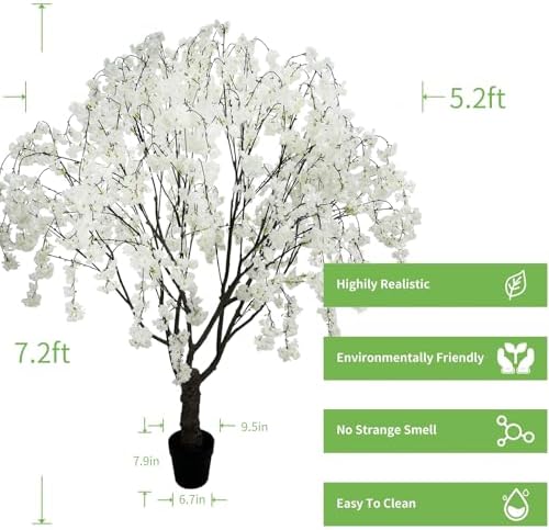 Artificial White Cherry Blossom Tree, 7 Ft Tall Indoor Faux Plant with Cascading Branches, Potted Decorative Tree for Home, Office, Living Room, Patio - Image 2