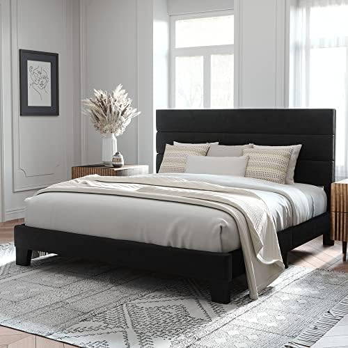 Allewie King Size Platform Bed Frame with Velvet Upholstered Headboard by Allewie