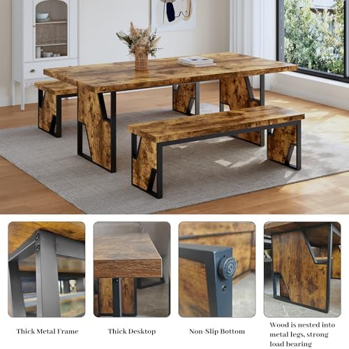 HIPIHOM 70.8" Wooden Dining Table with 2 Benches Kitchen Table and Chairs - Image 5