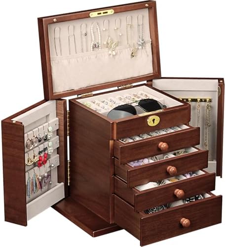 Solid Wood Jewelry Box with Lock - 8-Layer Organizer for Women, Walnut - Image 2