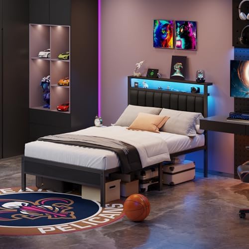 Furnulem Full Size Bed Frame with Charging Station and LED Lights - Image 4