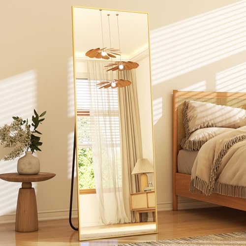 GLSLAND 58"x18" Full Length Mirror Full Body Mirror Freestanding Hanging or Leaning Rectangle Floor Mirror Aluminum Alloy for Bedroom Bathroom Living Room,Gold by GLSLAND