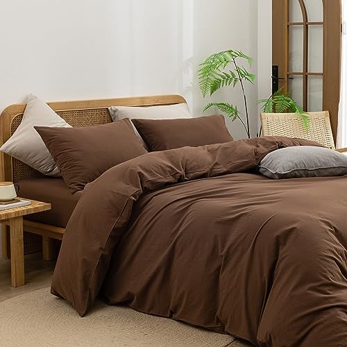 BESTOUCH Cotton Solid Duvet Cover Set Linen Feel Cocoa Brown Super King - Image 2
