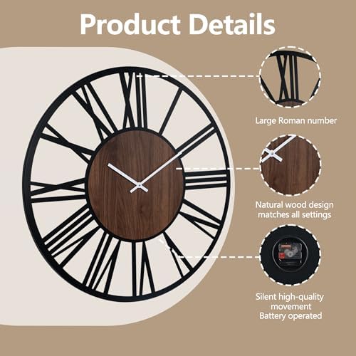32Inch Large Lighted Wood Wall Clock Remote Control, Roman Numeral Modern Decorative Clock with Silent Movement, Battery Operated Clocks for Living Room Decor - Image 3