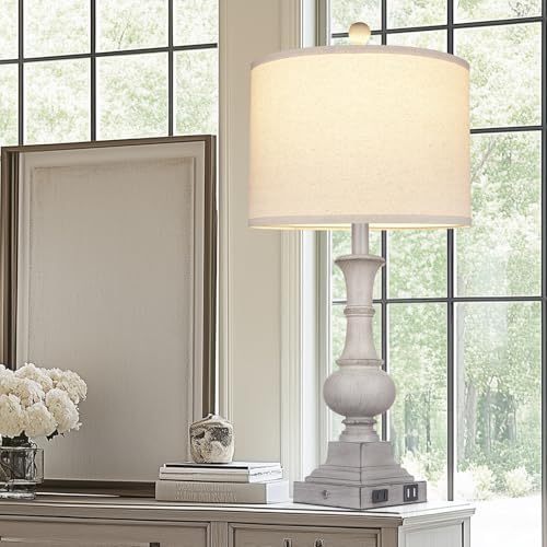 26" Farmhouse Lamp with 2 USB Ports & AC Outlet, Vintage Rustic Touch Control Bedside Lamp, Resin 3-Way Dimmable Nightstand Lamp Fabric Shade for Living Room Bedroom Decor Gray(LED Bulb Included) - Image 6