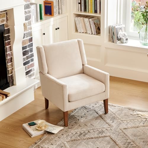 COLAMY Modern Wingback Living Room Chair, Upholstered Fabric Accent Armchair, Single Sofa Chair with Lounge Seat and Wood Legs for Office/Bedroom/Reading Spaces, Beige - Image 5
