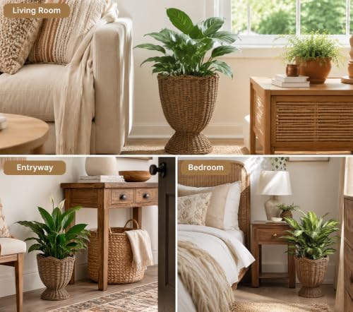 Rattan Planter, Woven Planter Basket for Plants Indoor Outdoor, Rattan Flower Pot, Decorative Plant Holder Basket for Garden Patio Boho Home Decor(Brown&Scalloped-Small:11.81" H x 9.84" W) - Image 3