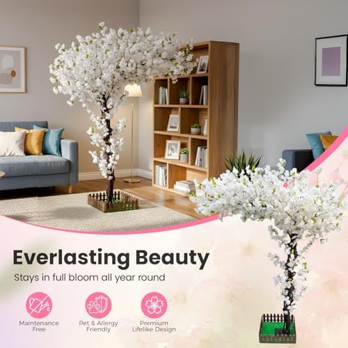 6FT Artificial White Cherry Blossom Tree, Faux White Cherry Blossom Tree with Dense Flowers and Sturdy Base, Indoor Fake Sakura Plant for Home Decor Living Room Office Wedding Party Event - Image 6