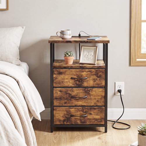 Fixwal Night Stand with Charging Station, 3 Fabric Drawers, Rustic Brown - Image 5