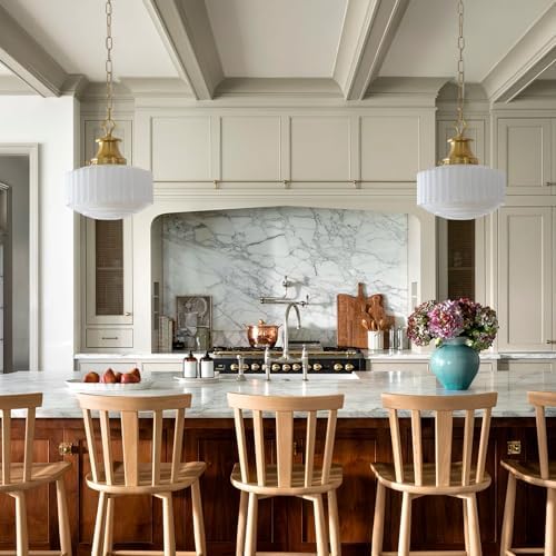 Milk Glass Pendant Light, 10.63" White Pleated Glass Chandelier, Vintage Brass Antique Pendant Lights, for Kitchen Island Lighting, Hallway, Bedroom, Dining Room, Foyer, E26 Bulb Included - Image 7