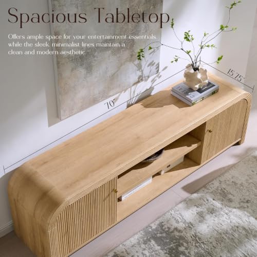 T4TREAM 70" Modern Fluted TV Stand with Storage, Natural Oak - Image 4