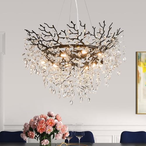 Modern Crystal Chandelier for Dining Room, 31.5" Black Tree Branch Chandeliers, 10-Light Luxury K9 Crystal Round Chandeliers for Kitchen Island Living Room by witkey