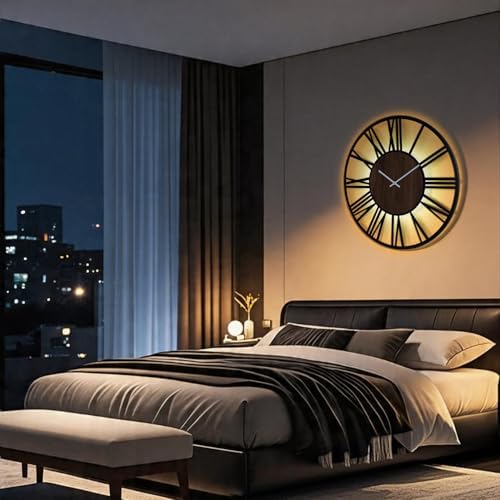 24Inch Large Lighted Wood Wall Clock Remote Control, Roman Numeral Modern Decorative Clock with Silent Movement, Battery Operated Clocks for Living Room Decor - Image 6
