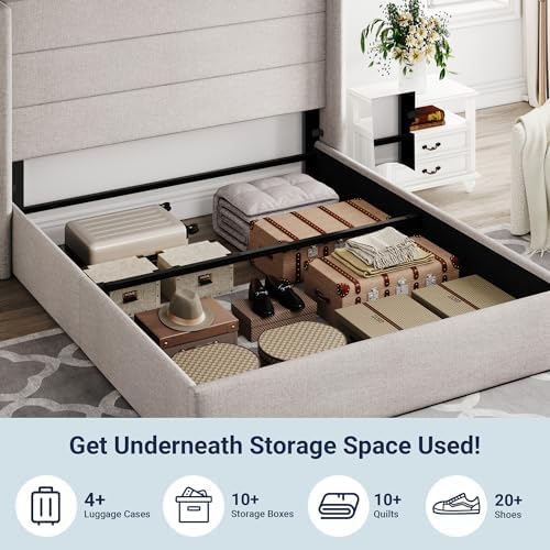 Allewie Full Size Lift Up Hydraulic Storage Bed Frame Light Beige - Image 5