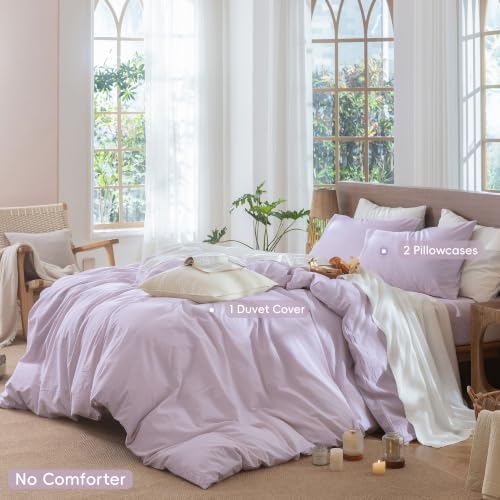 MooMee Striped Duvet Cover Set 100% Washed Cotton Linen Like Queen - Image 2