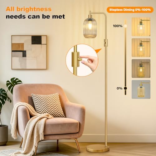 【Upgraded】 Dimmable Floor Lamp for Living Room with Amber Ribbed Glass Lampshade, Gold Modern Floor Lamp with 900LM LED Bulb Included, Arc Standing Tall Lamp for Bedroom, Office, Reading Room, Corner - Image 3