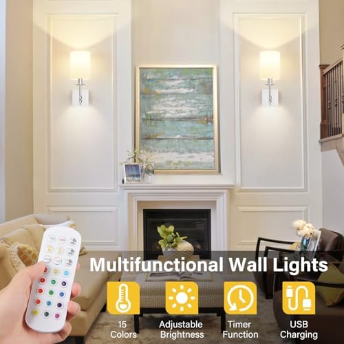 14 Inch Battery Operated Wall Sconces Set of 2 with Remote, Brushed Nickel Rechargeable Wireless Wall Lights with White Fabric Shade, Cordless Wall Lamps with Dimmable Detachable Bulbs for Bedroom - Image 6