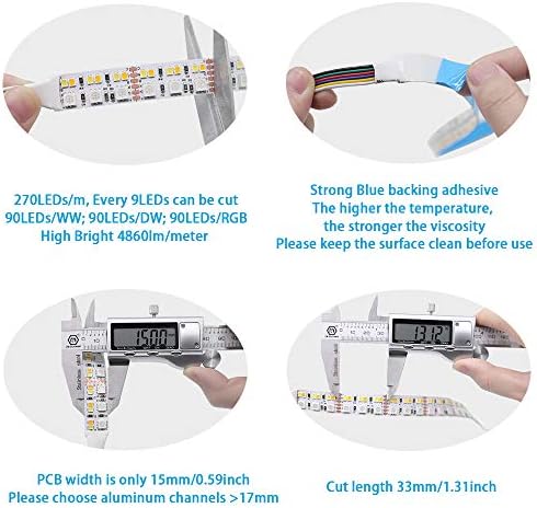 DC12V RGB CCT Color Changing LED Strip Light, 5050 RGB 2835 Warm White Daylight White Double Row Super Bright RGBWW Non-Waterproof Flexible LED Tape Light(DC12V 5meter/16.4ft) - Image 3