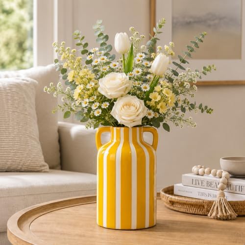 SURE YUESI Yellow Ceramic Vase with Handles, Modern Farmhouse Striped Decorative Vase, 9.1" Art Deco Tall Flower Vases for Pampas Grass, Shelf Decor, Dining Table Centerpiece, Living Room Home Decor - Image 2