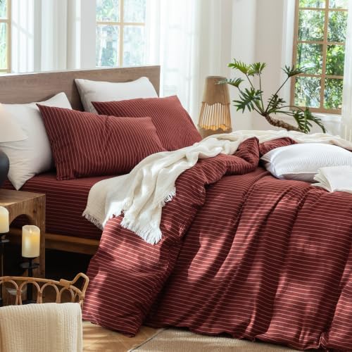 MooMee Striped Duvet Cover Set 100% Washed Cotton Linen Like Queen - Image 5
