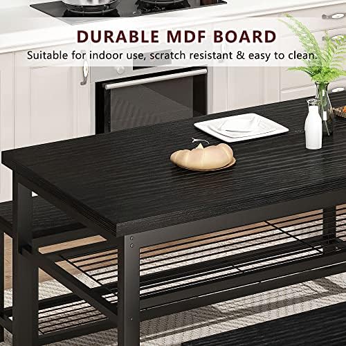 AWQM 43.3" Dining Table Set for 4, Kitchen Dining Table with 2 Benches, Dining Room Table Set with Metal Frame & Storage Rack for Kitchen, Restaurant, Black - Image 5