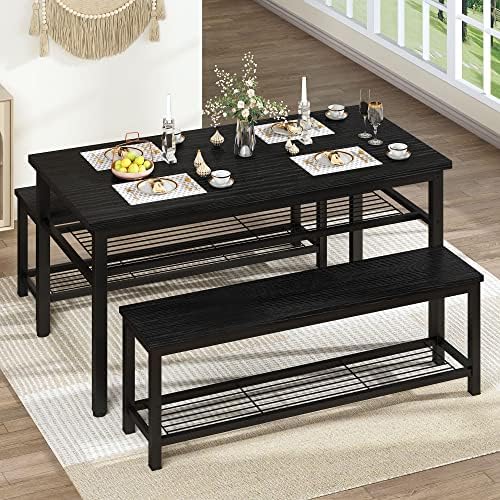 AWQM 43.3" Dining Table Set for 4, Kitchen Dining Table with 2 Benches, Dining Room Table Set with Metal Frame & Storage Rack for Kitchen, Restaurant, Black - Image 2