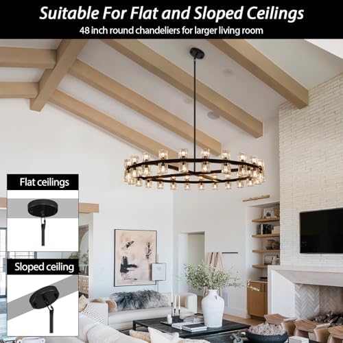 Modern 48 inch Black Round Chandeliers Light Fixture, Crystal Chandeliers for Dining Room, Living Room Chandelier, Wagon Wheel Chandelier Over Table, Suitable for Bedroom,Foyer,Includes Bulb - Image 6