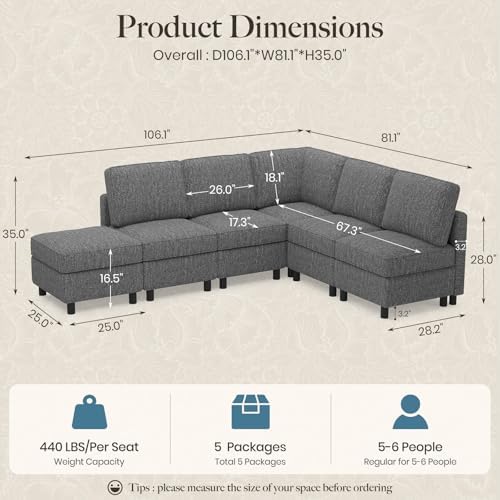 Belffin 107.1" 6 Seats L Shaped Couch Modular Sectional Sofa Seat Couch with Storage Comfy Washable Sectional Couches for Living Room Sofas with Chaise,Grey - Image 2