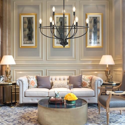 Black Chandelier for Dining Room, Classic 9-Light Farmhouse Pendant Light Fixture Over Table, Black Big Candle Chandelier for Kitchen Island, Bedroom, Living Room, Foyer (E12 Base) - Image 3