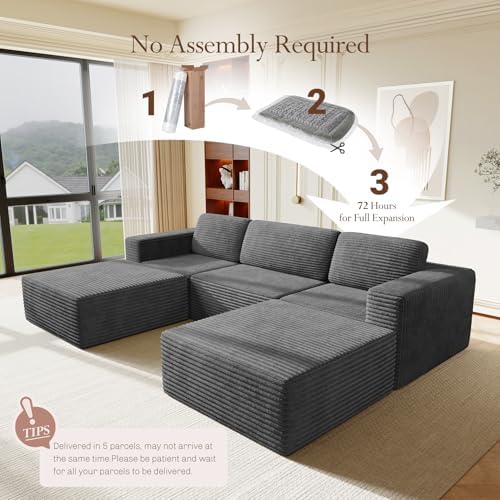 Vesgantti 119" Oversized U-Shaped Modular Sectional Sofa, Corduroy Cloud Couch with Deep Seating & Spring Support, Convertible Sofa with 2 Ottomans, Boneless Couch, No Assembly Required, Grey - Image 4