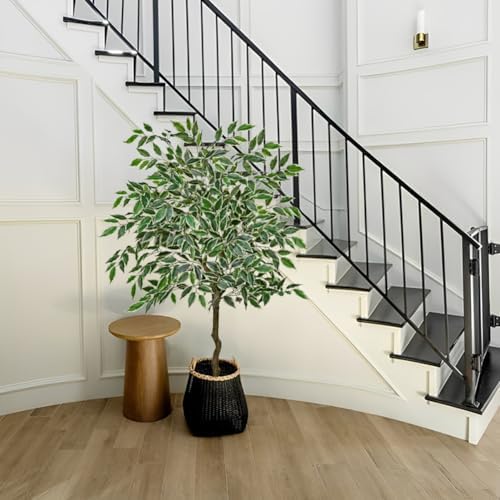 4Ft Ficus Tree Artificial Plants Indoor with Realistic Trunk, Tall Fake Potted Tree Faux Floor Plant, Artificial Tree in Pot for Home Living Room Office Bedroom Corner Decor(Green White) - Image 4