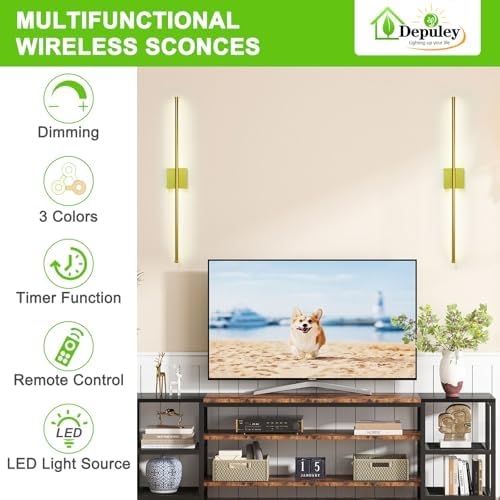 Depuley Battery Operated Wall Sconce: Set of 2 Wireless Wall Lights with Remote for Bedroom - Rechargeable 15 Colors Gold Wall Lamp for Living Room Hallway Home Decor - Image 2