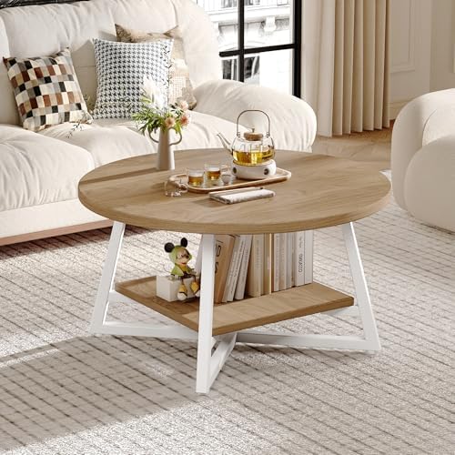 Coffee Table for Living Room, Round Coffee Table, Small Circle Coffee Table with Storage, Modern Wood Round Center Table for Home Office, Small Space, Easy Assembly, Light Coffee - Image 2