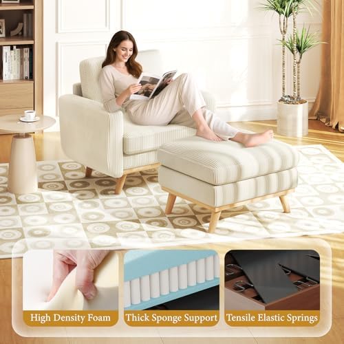 Vesgantti 38.5" Accent Chair with Movable Ottoman, Comfy Corduroy Armchair with Spring Cushion, Reading Chair with Ottoman, Modern Single Sofa for Living Room, Bedroom and Apartment, Beige - Image 4