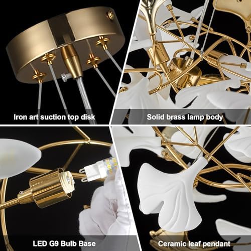 59 Inch Modern Rectangle Chandelier Ceramic Ginkgo Leaf Chandeliers Large Brass Chandeliers White Chandelier for Dining Room Living Room,10-Light - Image 5
