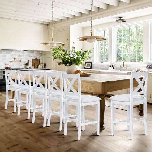COLAMY Wooden Bar Stools Set of 6, Counter Height Bar Stools, Mid Century Modern Bar Stools with Backs, 25 Inch Upholstered Fabric Wooden Barstools for Kitchen Island Dining Room Bar, Grey White Wash - Image 3